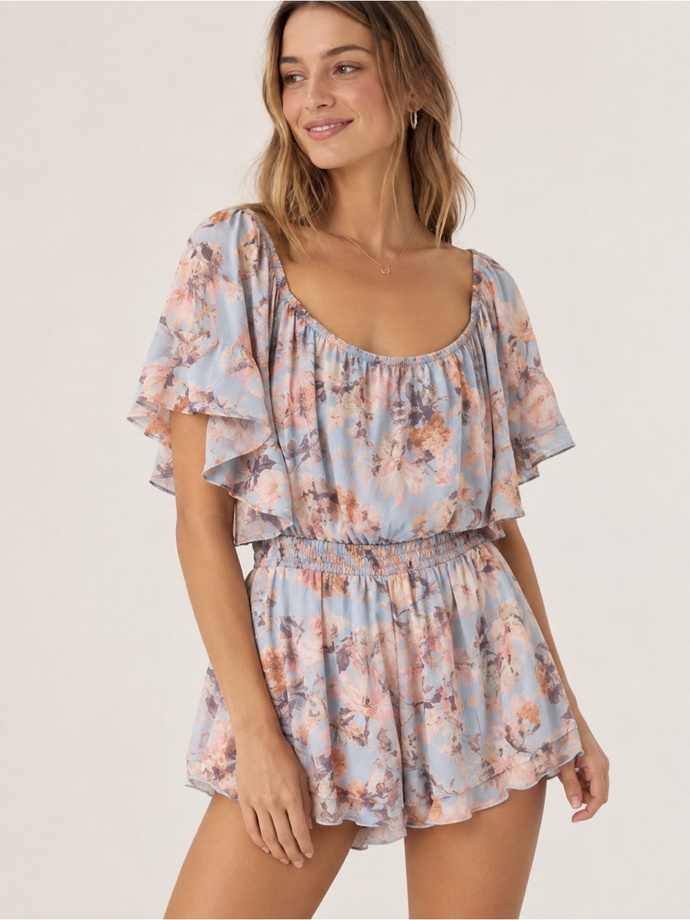 Free the Roses Anthropologie Flowy Floral Romper Blue Pink Flutter Sleeve Size S